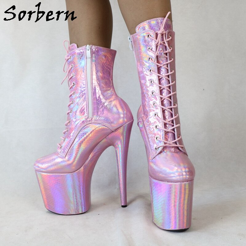 Holographic Lace Up Platform Round Toe Heels