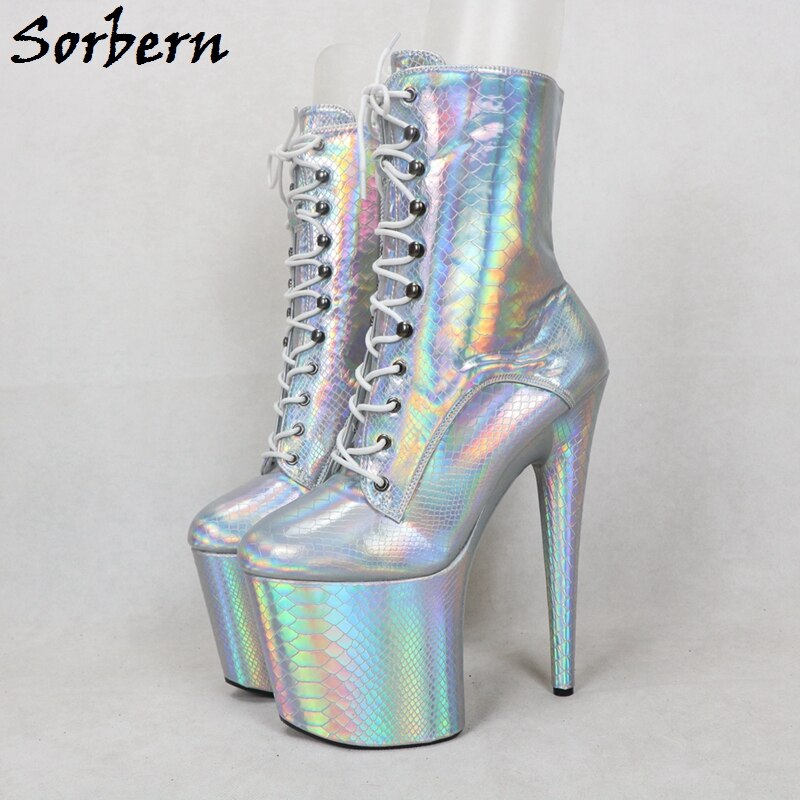 Holographic Lace Up Platform Round Toe Heels