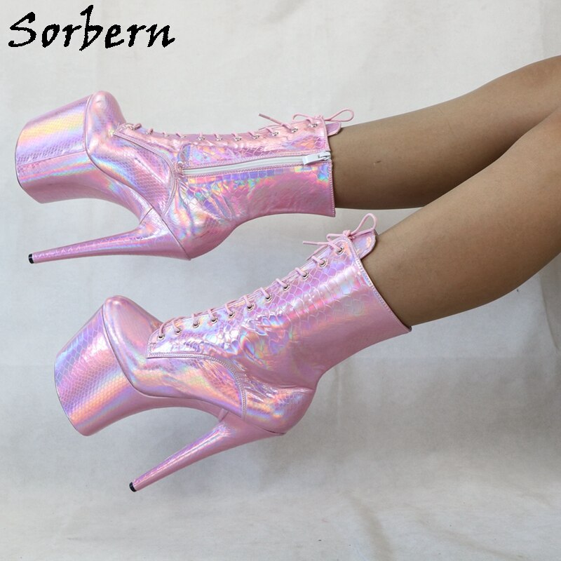 Holographic Lace Up Platform Round Toe Heels