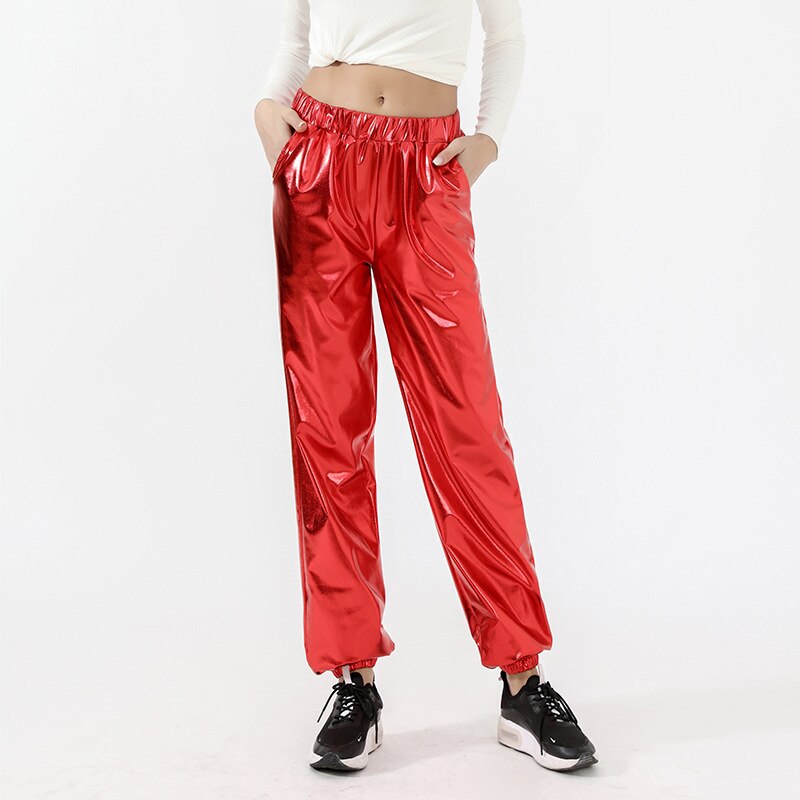 Holographic Elastic Waist Bell Bottom Trousers