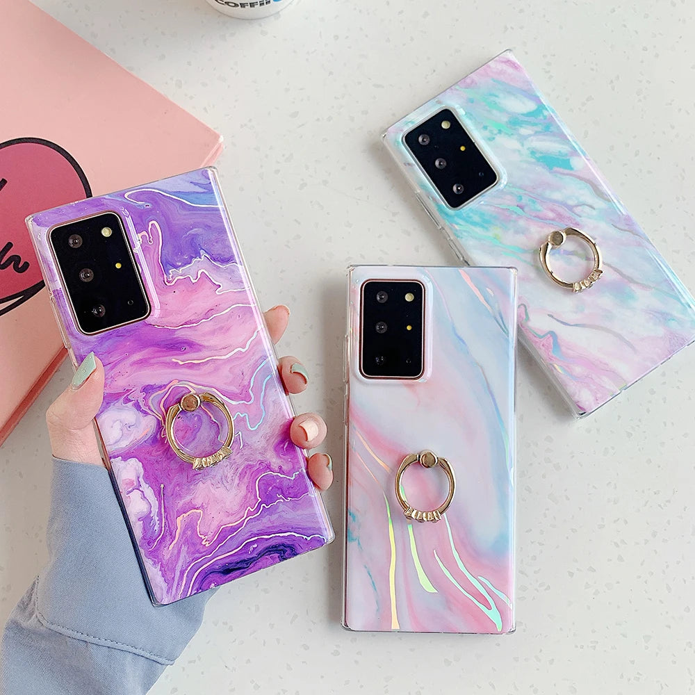 Holo Marble Finger Ring Phone Case For Samsung