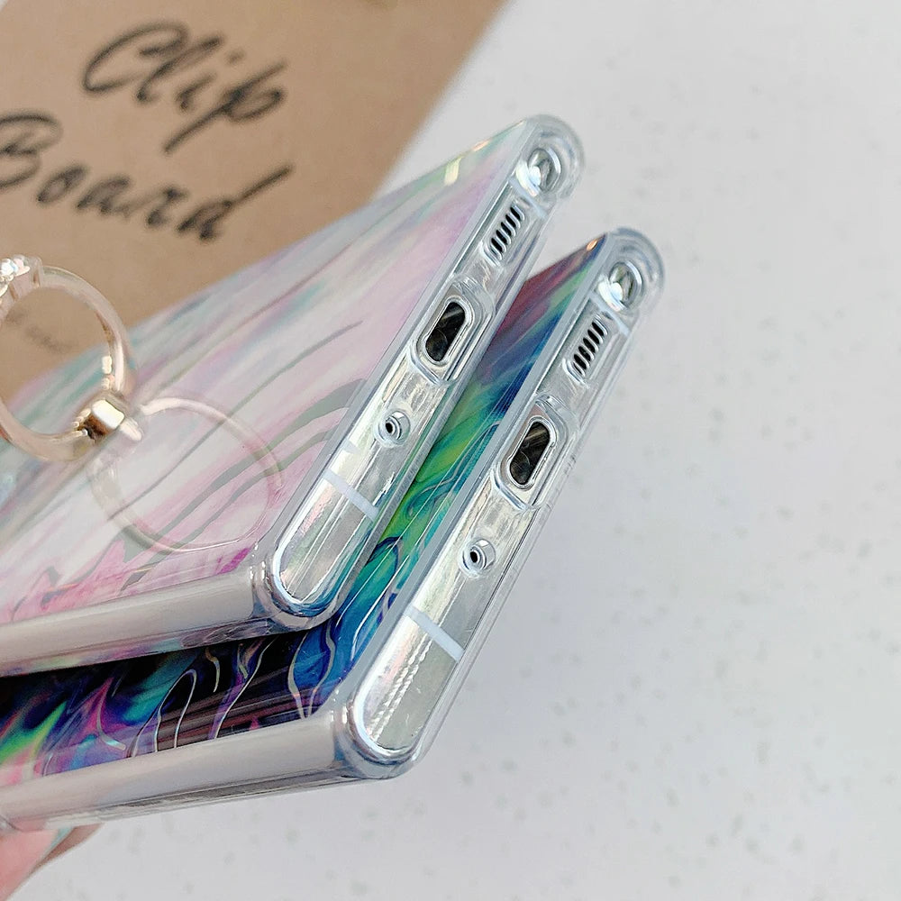 Holo Marble Finger Ring Phone Case For Samsung