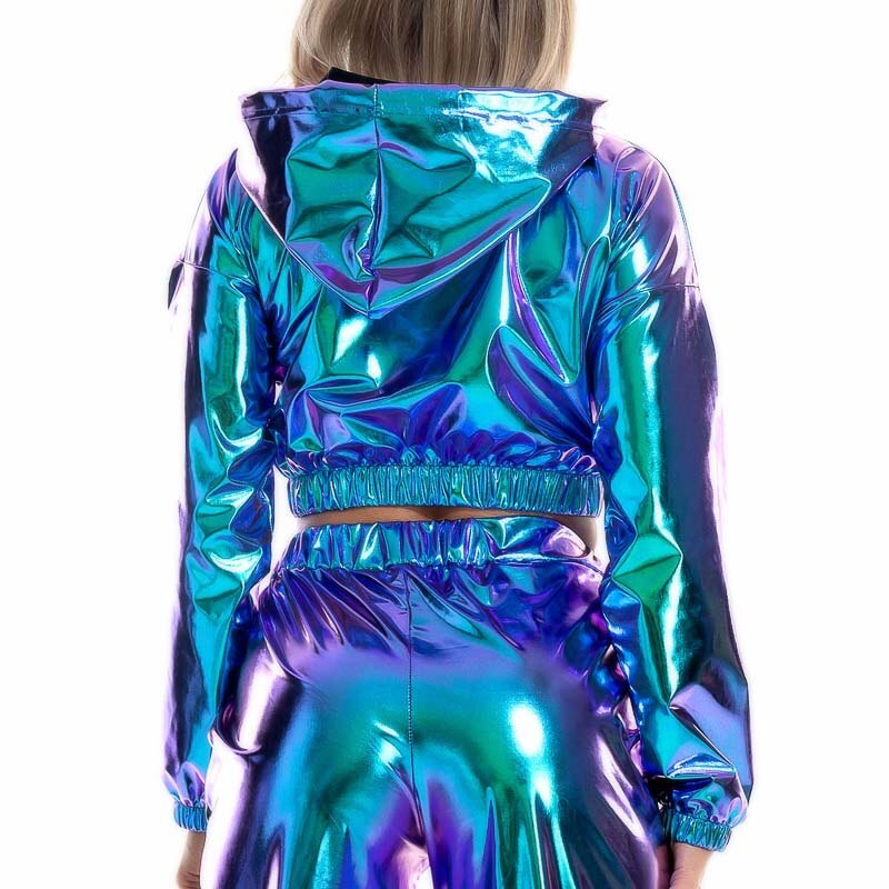 Holo Hoodies: Metallic Long Sleeve Short Sweatshirt