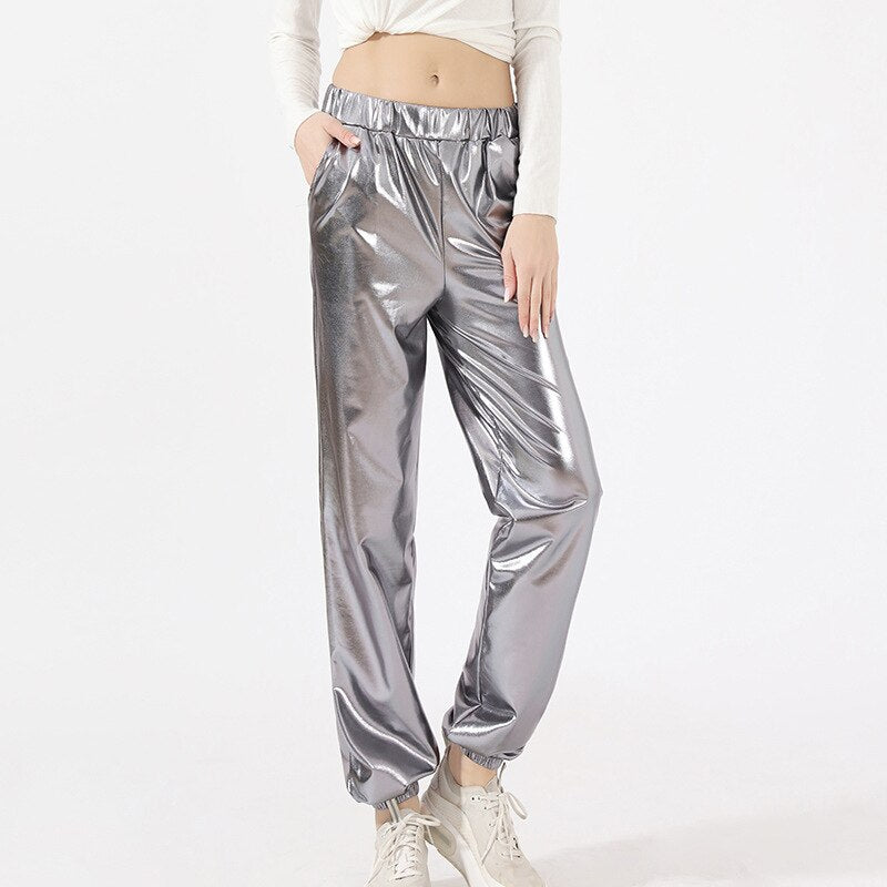 Holographic Elastic Waist Bell Bottom Trousers