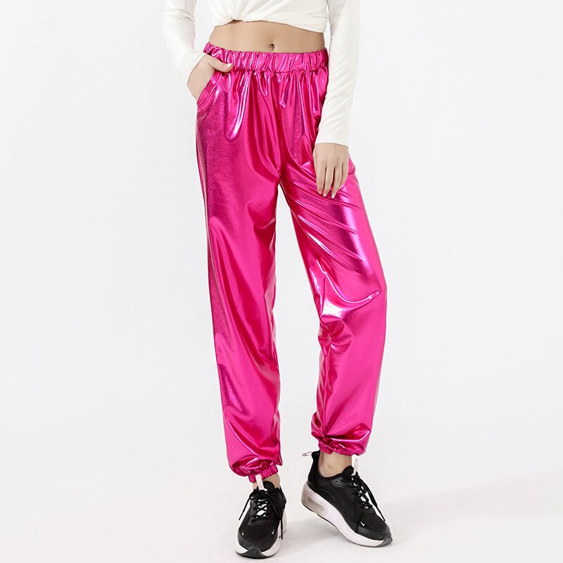 Holographic Elastic Waist Bell Bottom Trousers