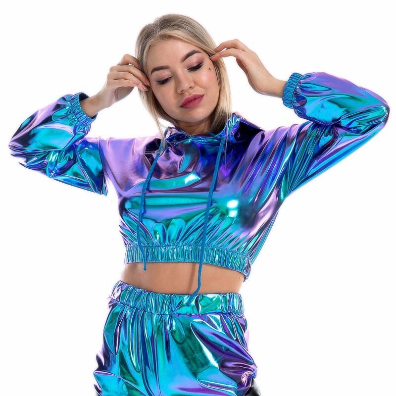 Holo Hoodies: Metallic Long Sleeve Short Sweatshirt