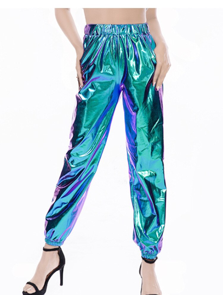 Holographic Elastic Waist Bell Bottom Trousers