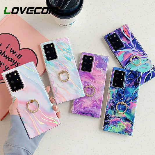 Holo Marble Finger Ring Phone Case For Samsung