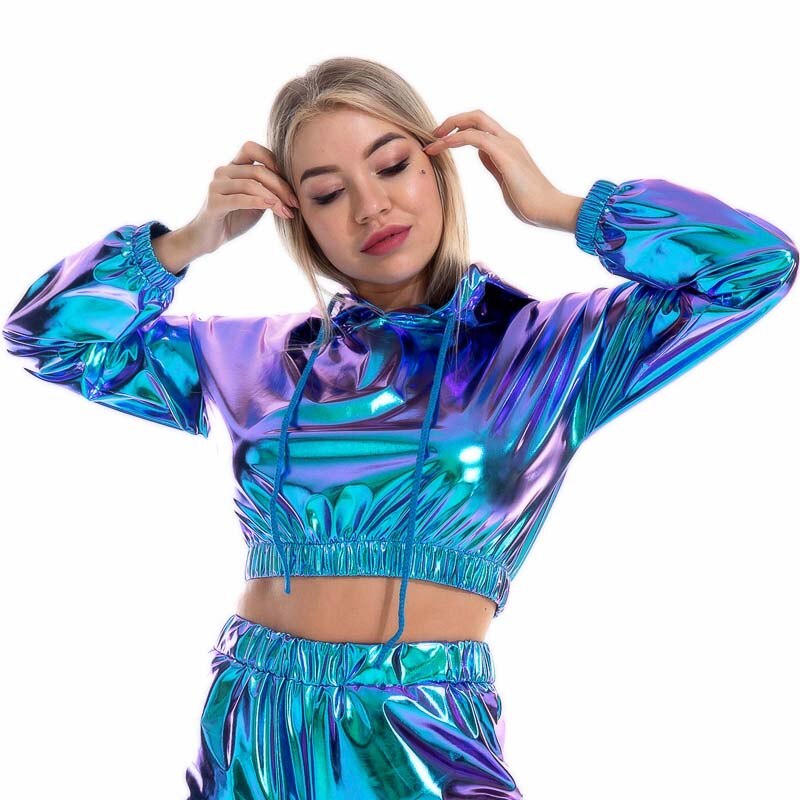 Holo Hoodies: Metallic Long Sleeve Short Sweatshirt