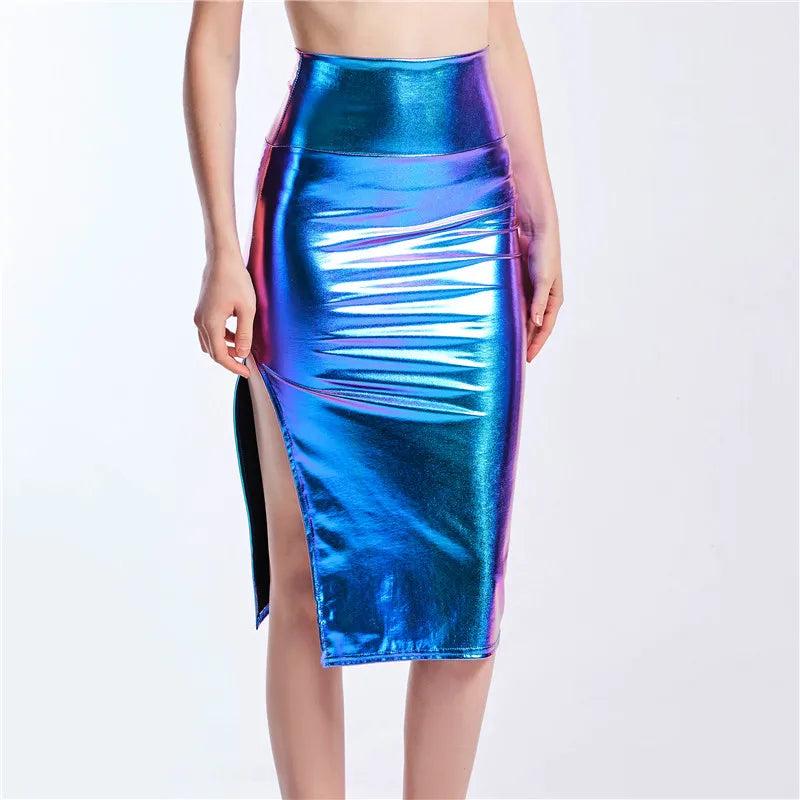 Metallic/Holographic Midi Skirts Women Laser Holographic Side Slit Skirts