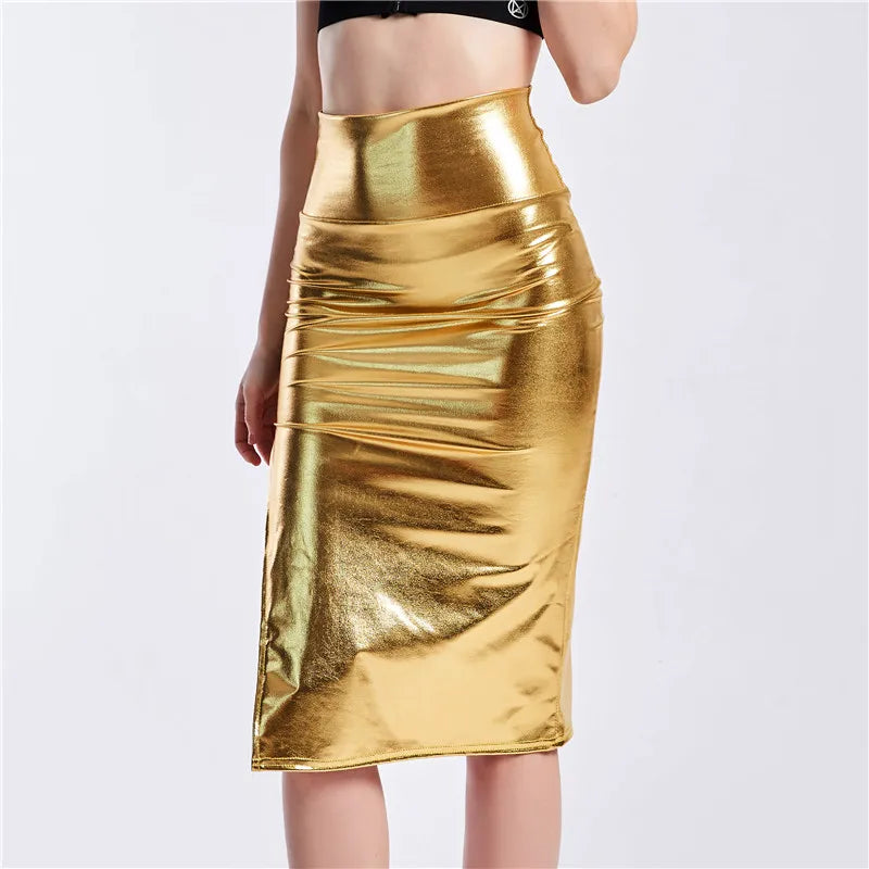 Metallic/Holographic Midi Skirts Women Laser Holographic Side Slit Skirts