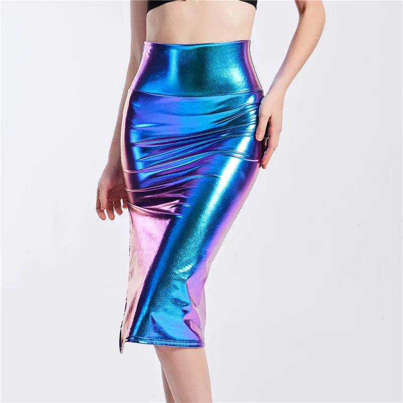 Metallic/Holographic Midi Skirts Women Laser Holographic Side Slit Skirts