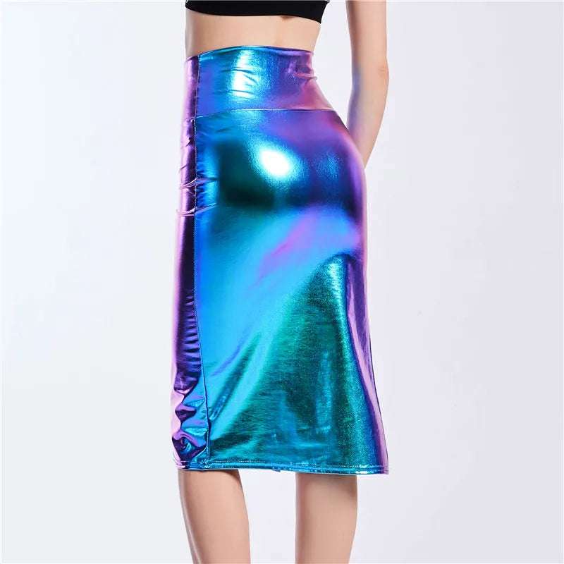 Metallic/Holographic Midi Skirts Women Laser Holographic Side Slit Skirts