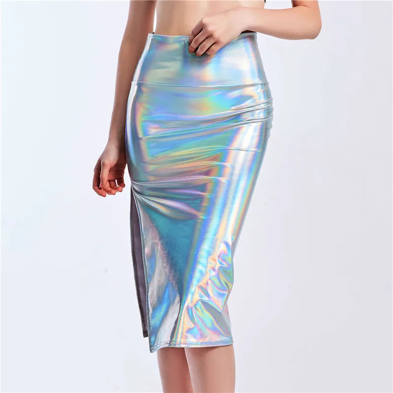 Metallic/Holographic Midi Skirts Women Laser Holographic Side Slit Skirts