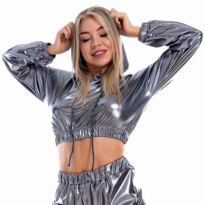 Holo Hoodies: Metallic Long Sleeve Short Sweatshirt