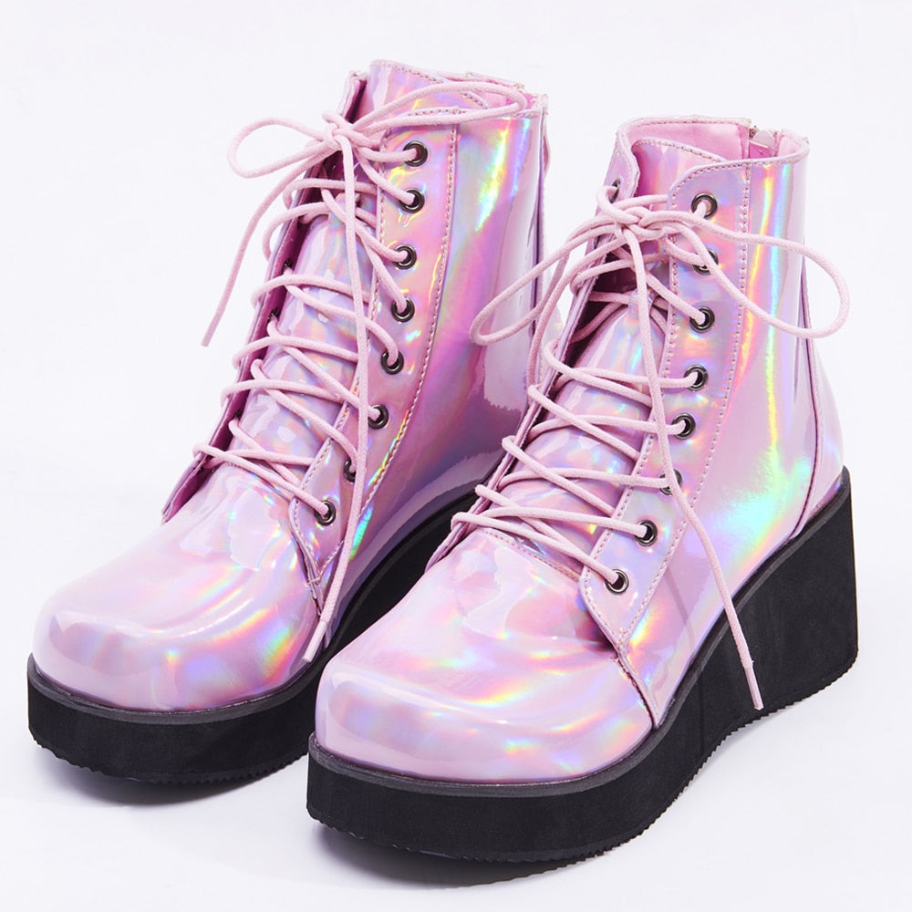 Holo Punk Wedge Heel Boots