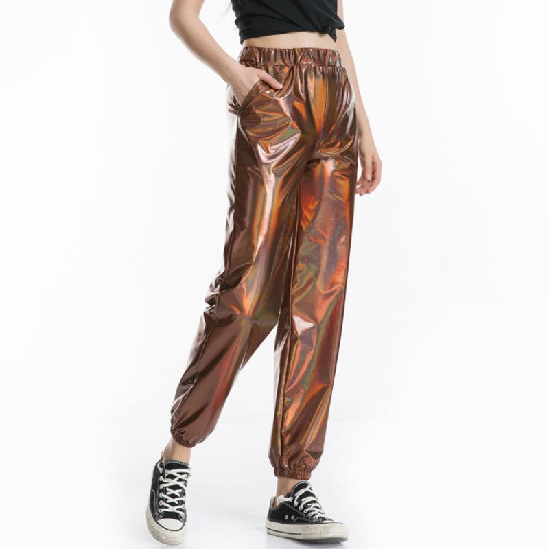 Holographic Elastic Waist Bell Bottom Trousers