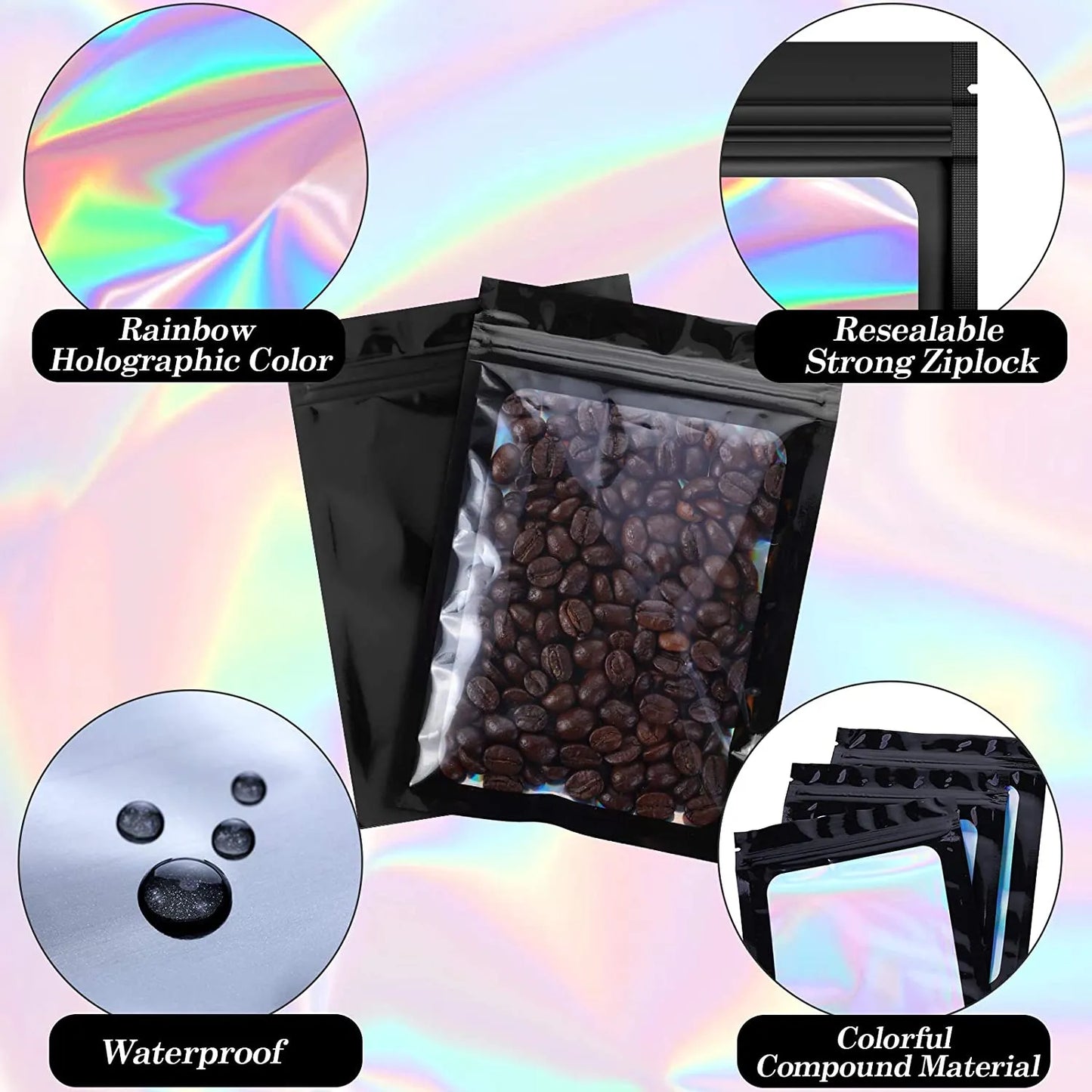 100 Pc Mylar Resealable Holo Pouch Bag