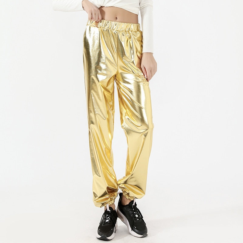 Holographic Elastic Waist Bell Bottom Trousers