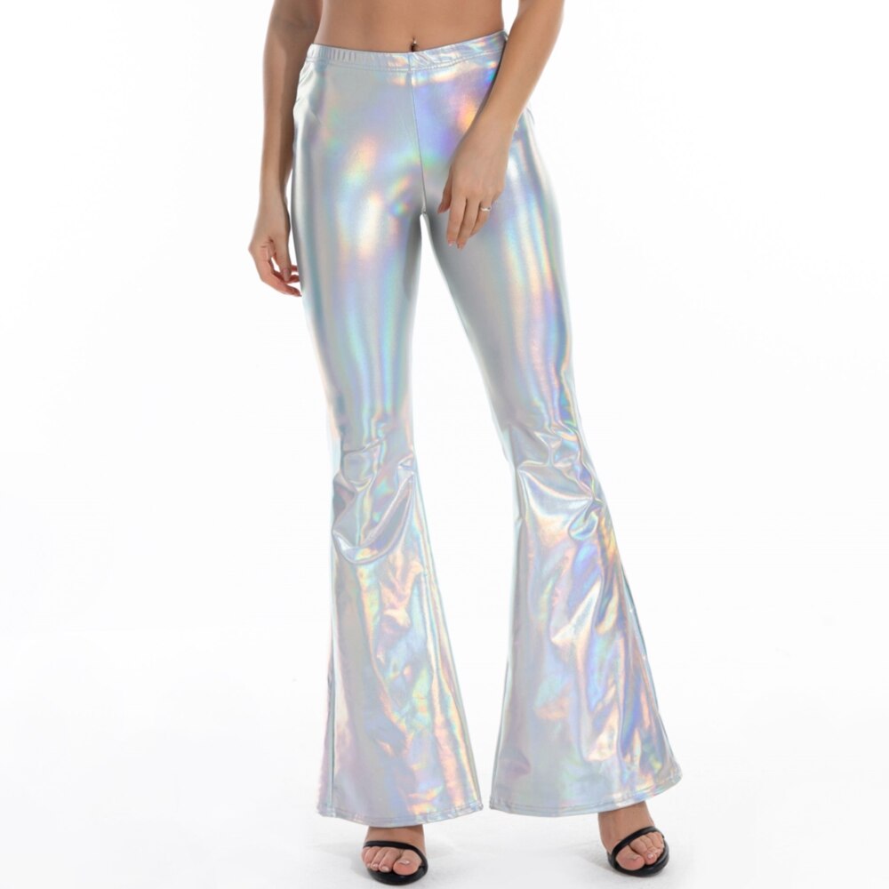 Holographic Elastic Waist Bell Bottom Trousers