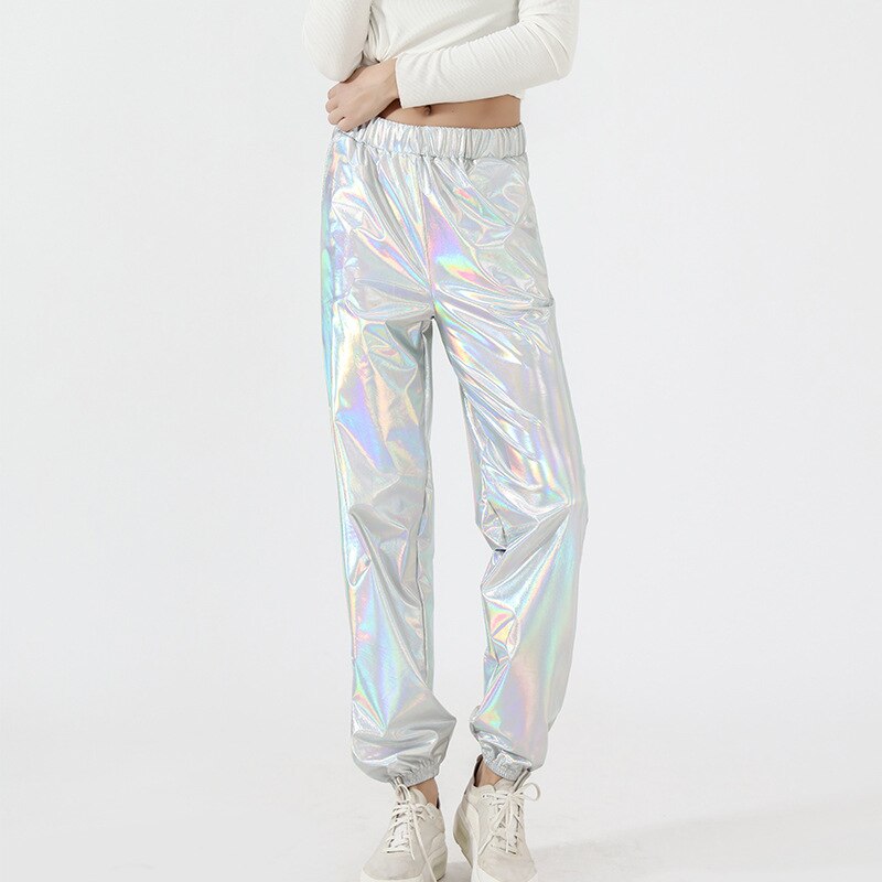 Holographic Elastic Waist Bell Bottom Trousers