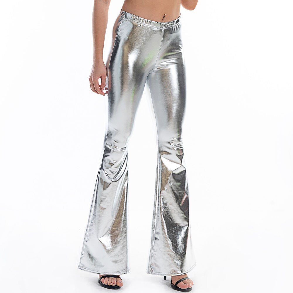 Holographic Elastic Waist Bell Bottom Trousers