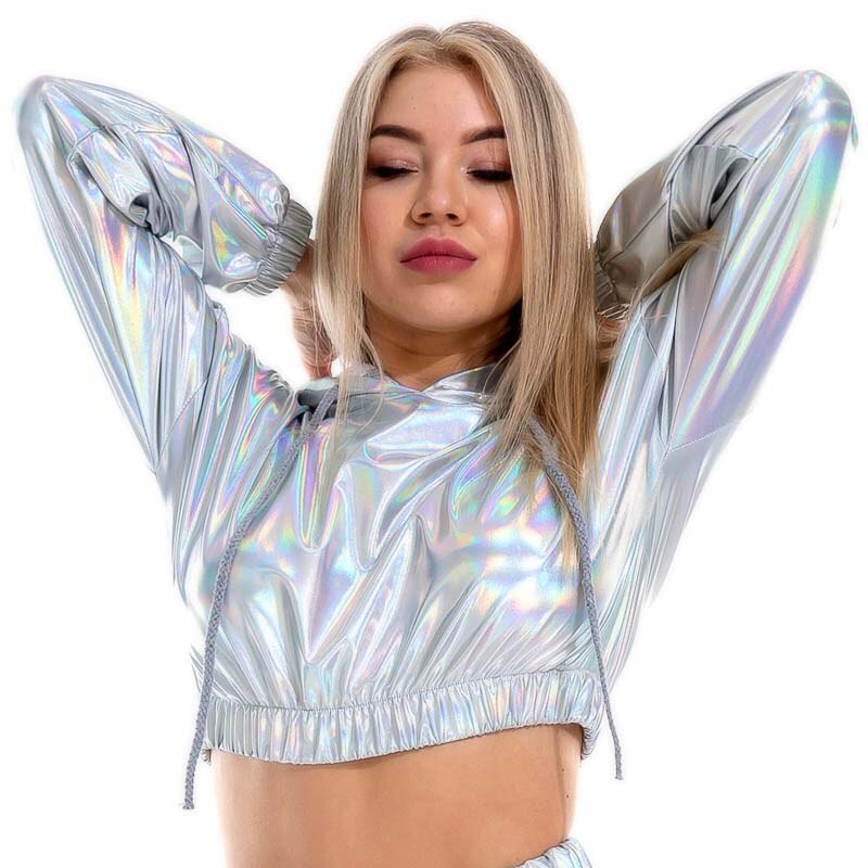 Holo Hoodies: Metallic Long Sleeve Short Sweatshirt