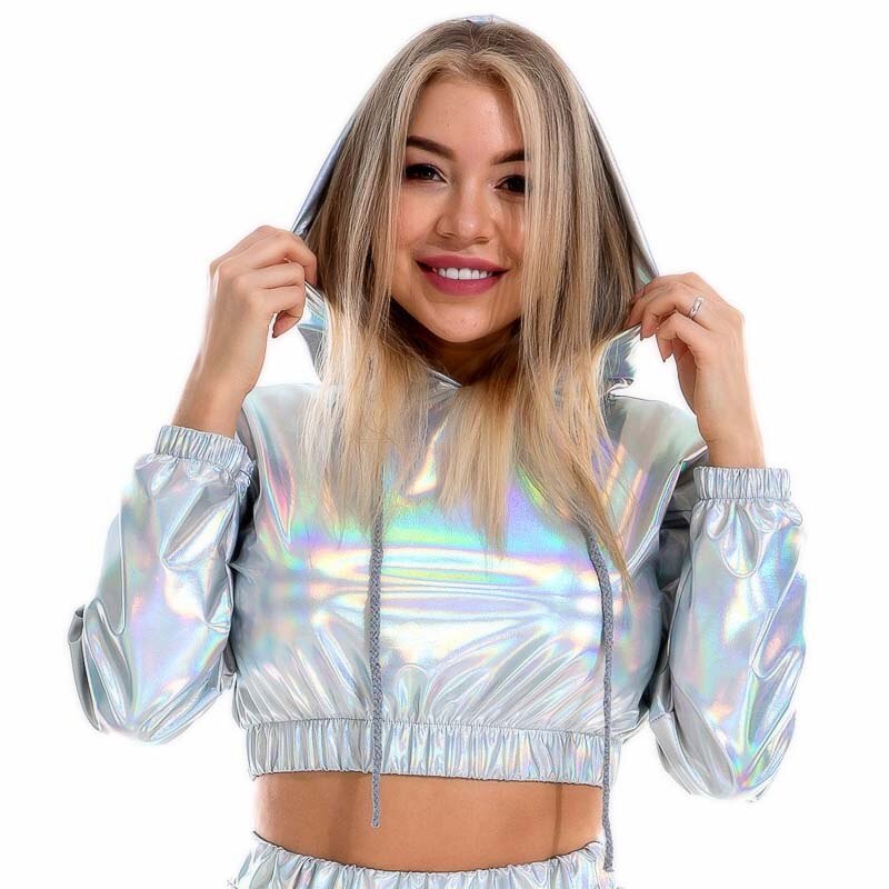 Holo Hoodies: Metallic Long Sleeve Short Sweatshirt