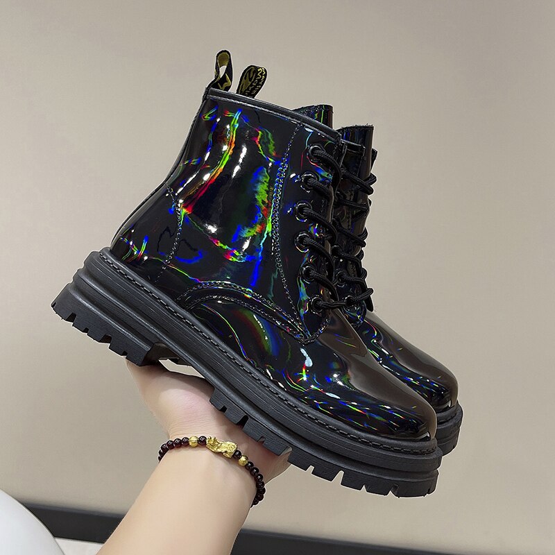 Holographic Ankle Lace Up Boots