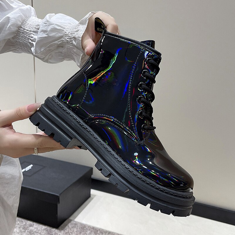 Holographic Ankle Lace Up Boots