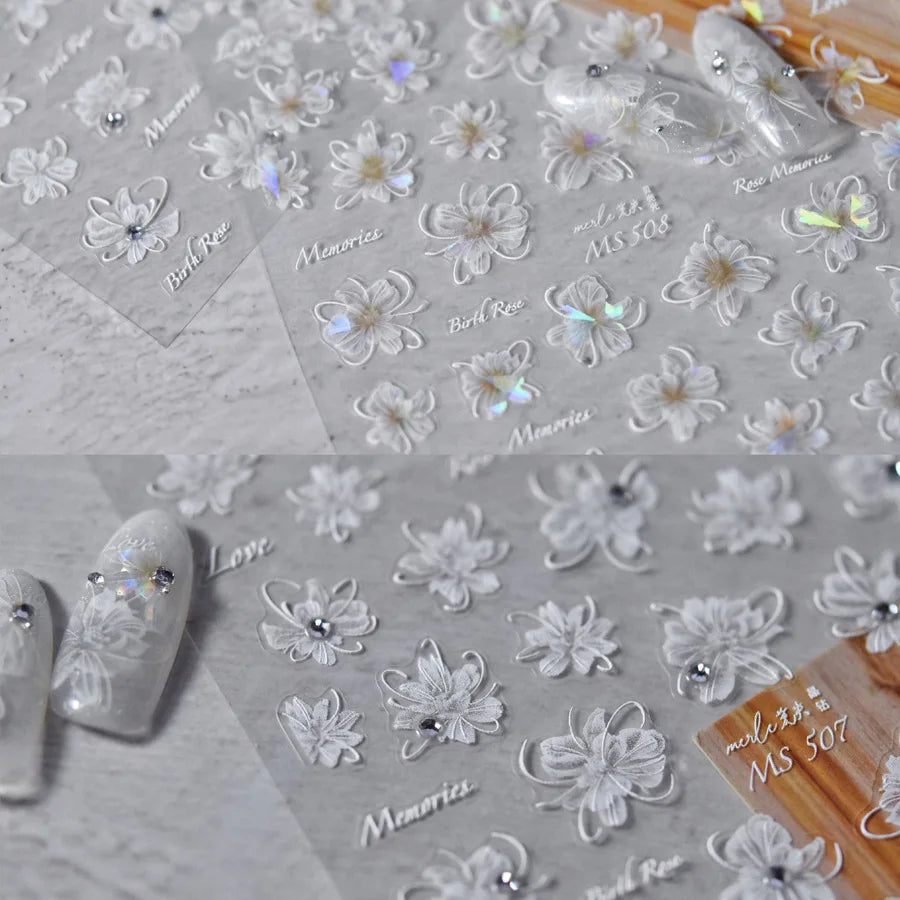 Translucent White Flowers Nail Stickers