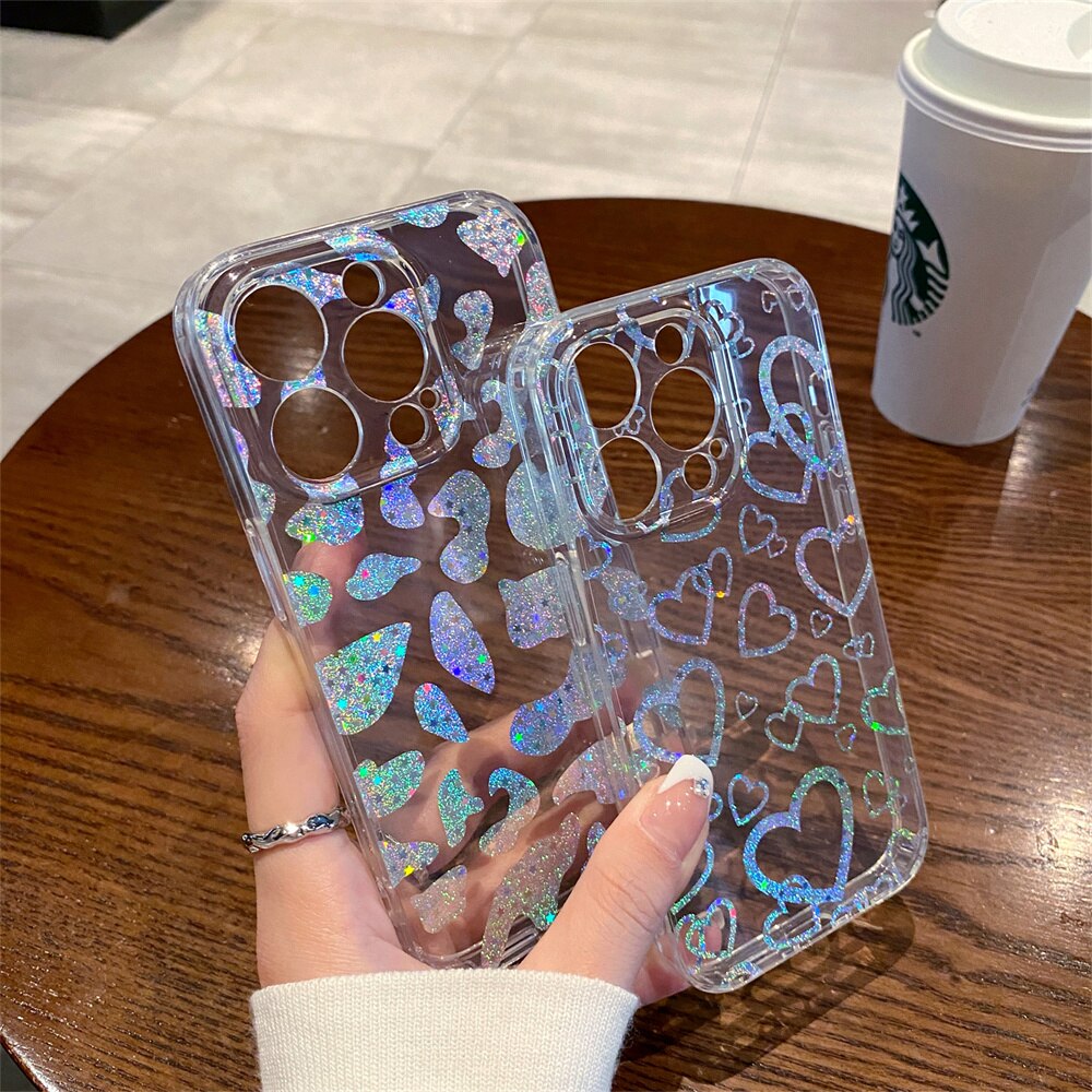 Holo Clear Cute Love Heart Soft iPhone Case