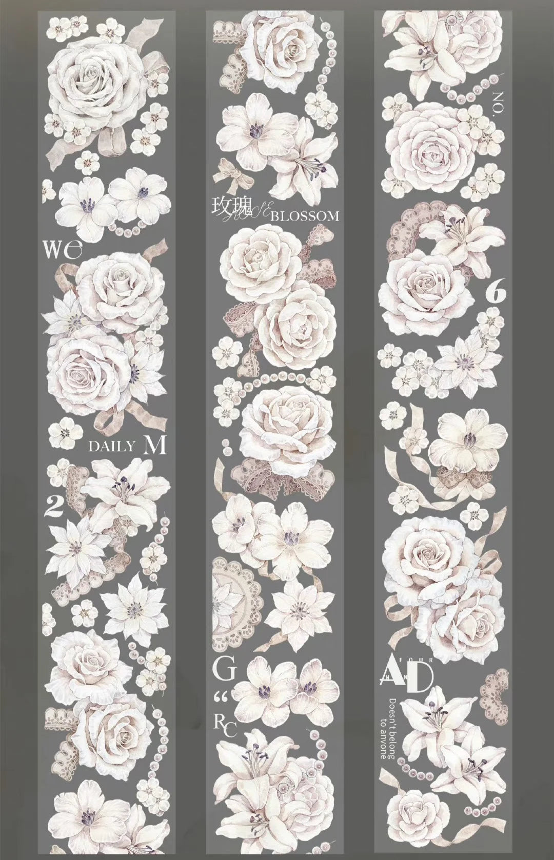 Elegant Moonlight White Rose Floral Washi PET Tape