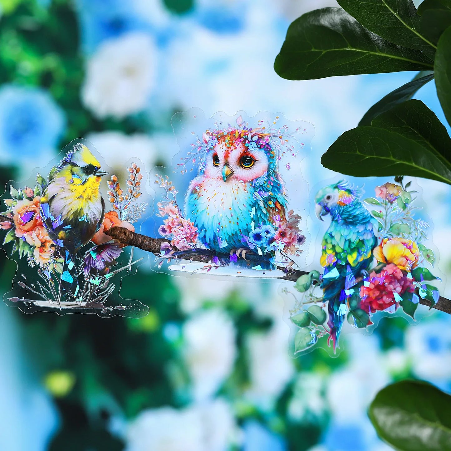 Kawaii Birds Flying in the Flowers Holo Stickers