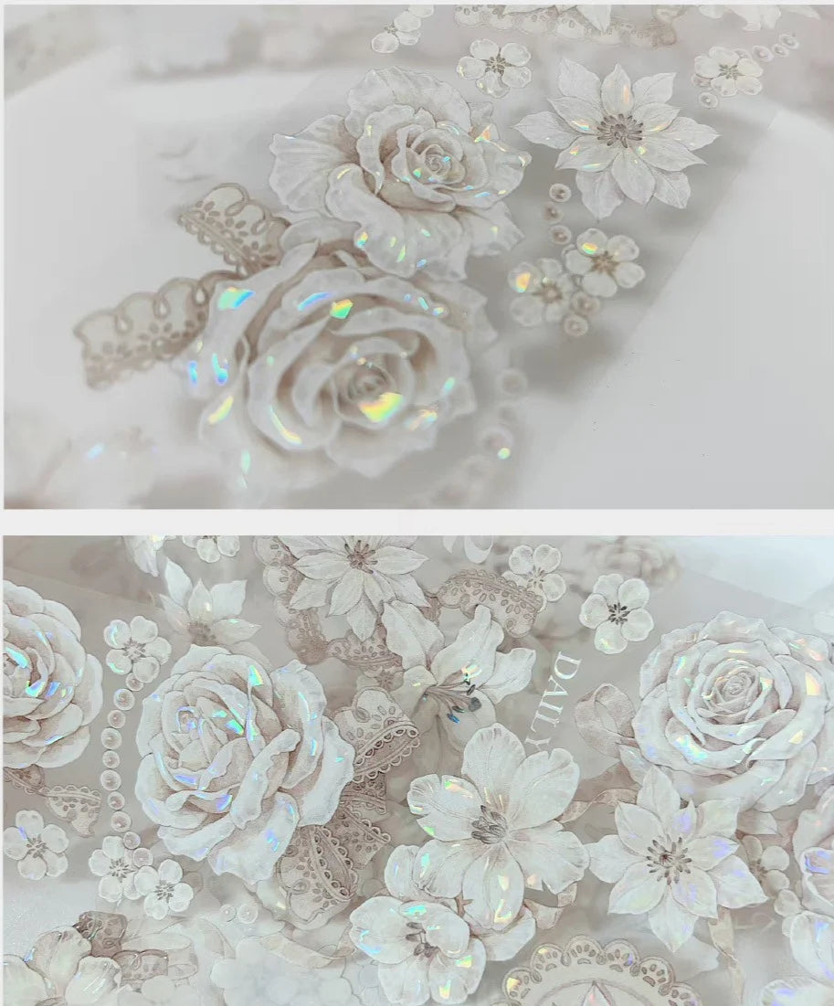 Elegant Moonlight White Rose Floral Washi PET Tape