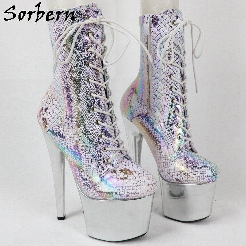 Holo Snake Lace Up Ankle Booties