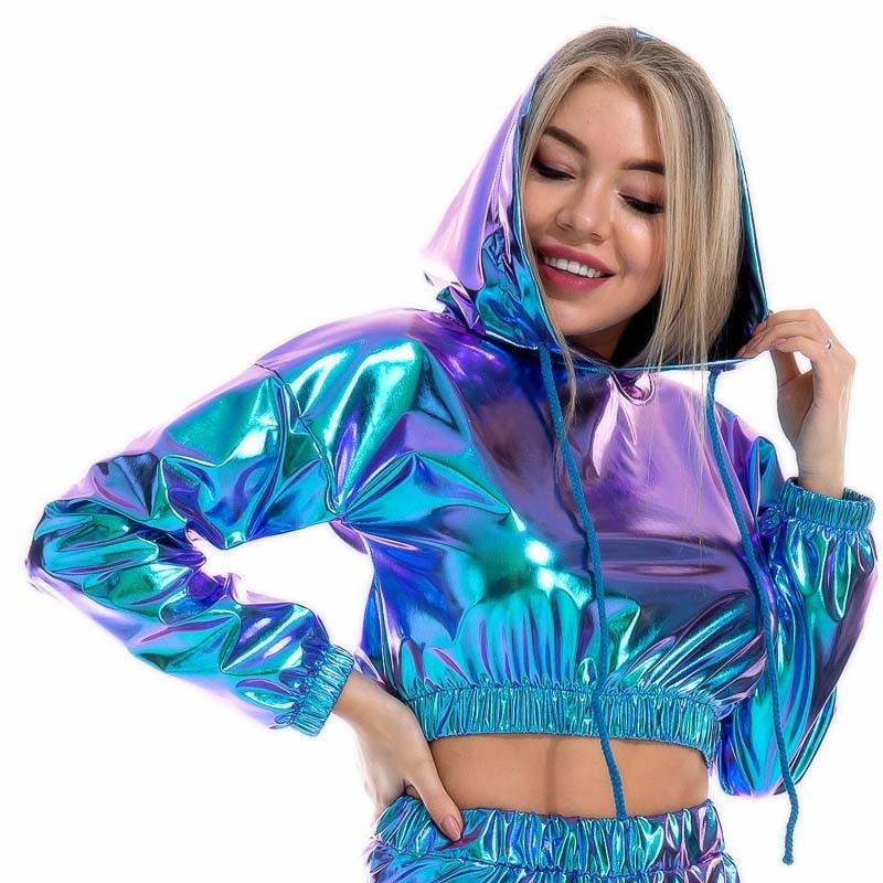 Holo Hoodies: Metallic Long Sleeve Short Sweatshirt