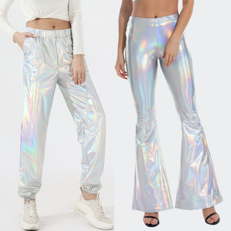 Holographic Elastic Waist Bell Bottom Trousers