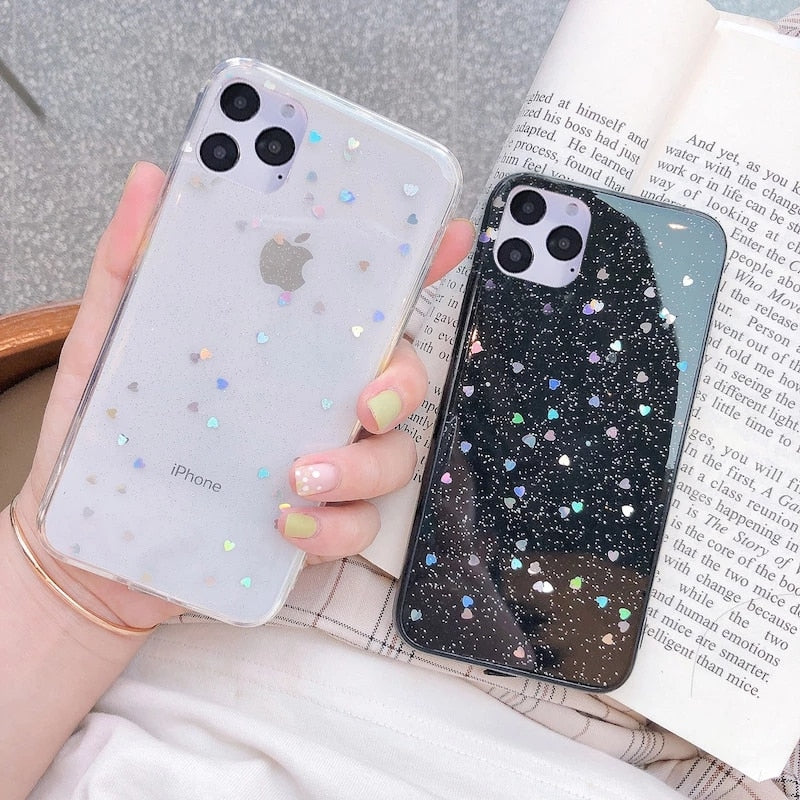 Holo Glitter Love Heart Star Sequins Soft iPhone Case